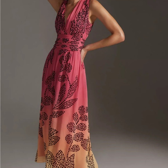 Anthropologie V-Neck Ombre Pink & Yellow Printed Chiffon Maxi Dress Sz L Lined - Picture 3 of 13